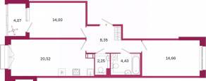 ЖК «Дом на Курской», планировка 2-комнатной квартиры, 66.25 м²