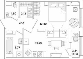 ЖК «Академик», планировка 1-комнатной квартиры, 40.82 м²
