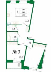 ЖК «Орловский бульвар», планировка 2-комнатной квартиры, 68.30 м²