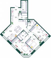 ЖК «Жилой квартал Shagal», планировка 3-комнатной квартиры, 127.60 м²