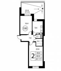 ЖК «Космос», планировка 2-комнатной квартиры, 67.17 м²