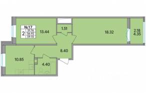 ЖК «Рождественский квартал», планировка 2-комнатной квартиры, 59.10 м²