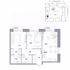 ЖК «Страна.Заречная», планировка 3-комнатной квартиры, 58.90 м²
