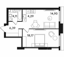 ЖК «Solos», планировка 1-комнатной квартиры, 47.86 м²