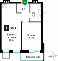 ЖК «Лесная Отрада», планировка 1-комнатной квартиры, 39.20 м²