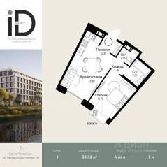 ЖК «ID Petrogradskaya», планировка 1-комнатной квартиры, 38.32 м²