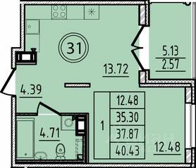 МЖК «Образцовый квартал 14», планировка 1-комнатной квартиры, 35.30 м²