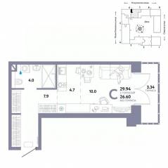 ЖК «Страна.Озерная», планировка студии, 29.94 м²