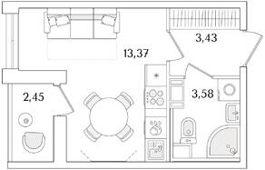 ЖК «Кинопарк», планировка студии, 21.61 м²
