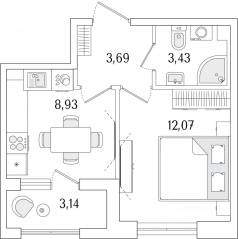 ЖК «Гранат», планировка 1-комнатной квартиры, 29.69 м²