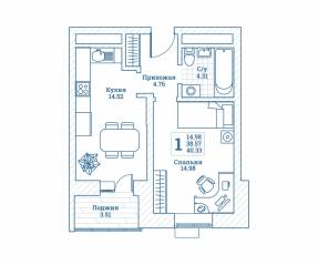 ЖК «Новоград Монино», планировка 1-комнатной квартиры, 40.80 м²