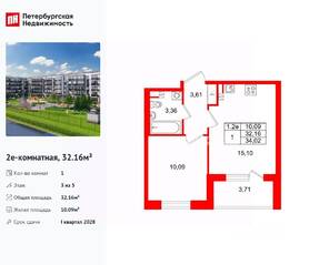 ЖК «Парадный ансамбль», планировка 1-комнатной квартиры, 32.16 м²