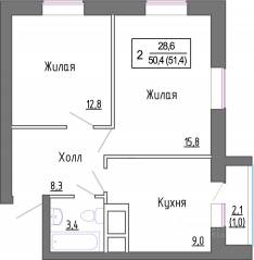 МЖК «Новое Замитино», планировка 2-комнатной квартиры, 51.40 м²