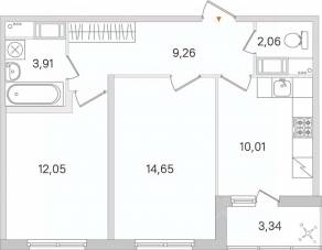 ЖК «Ясно. Янино», планировка 2-комнатной квартиры, 53.61 м²