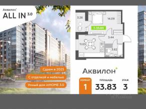 ЖК «Аквилон All in 3.0», планировка 1-комнатной квартиры, 33.83 м²
