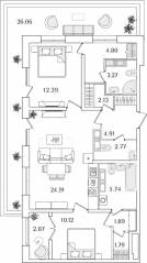 ЖК «БелАрт», планировка 2-комнатной квартиры, 83.98 м²