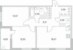 ЖК «Ясно. Янино», планировка 2-комнатной квартиры, 64.58 м²