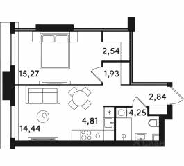 ЖК «Solos», планировка 1-комнатной квартиры, 46.08 м²