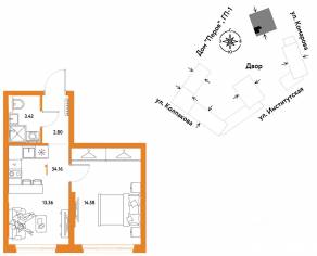 ЖК «Страна.Парковая», планировка 1-комнатной квартиры, 34.16 м²
