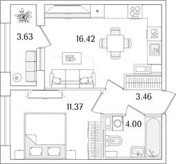 ЖК «Аурум», планировка 1-комнатной квартиры, 37.07 м²
