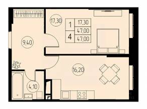 ЖК «31 квартал», планировка 1-комнатной квартиры, 47.00 м²