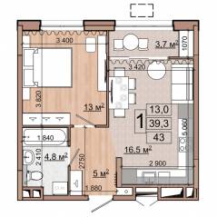 ЖК «Гранд Комфорт», планировка 1-комнатной квартиры, 43.00 м²