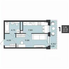 МЖК «Новокасимово», планировка 1-комнатной квартиры, 29.87 м²