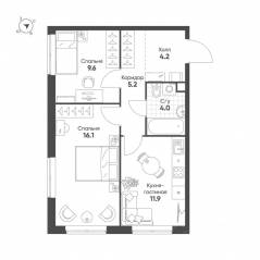 ЖК «Sokolinn Park», планировка 2-комнатной квартиры, 51.00 м²