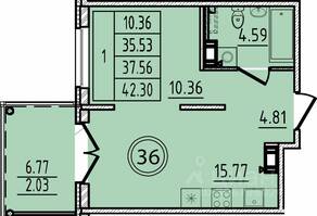 МЖК «Образцовый квартал 14», планировка 1-комнатной квартиры, 35.53 м²