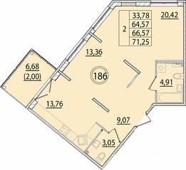 МЖК «Образцовый квартал 15», планировка 2-комнатной квартиры, 64.57 м²