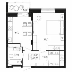 ЖК «Времена года», планировка 1-комнатной квартиры, 46.78 м²
