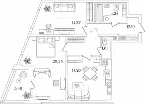 ЖК «Лайнеръ», планировка 2-комнатной квартиры, 73.70 м²