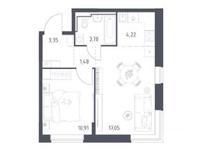 ЖК «Богдановский Лес», планировка 1-комнатной квартиры, 40.79 м²