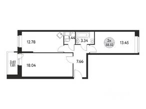 ЖК «Дом на Сиреневой (Щелково)», планировка 2-комнатной квартиры, 58.52 м²