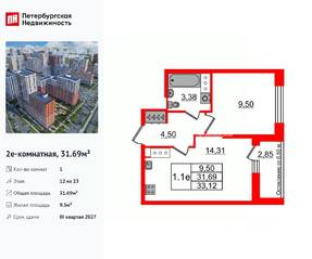 ЖК «Город звезд», планировка 1-комнатной квартиры, 31.69 м²