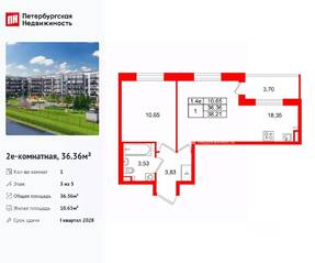 ЖК «Парадный ансамбль», планировка 1-комнатной квартиры, 36.36 м²