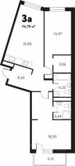 ЖК «Южное Пушкино», планировка 3-комнатной квартиры, 73.96 м²