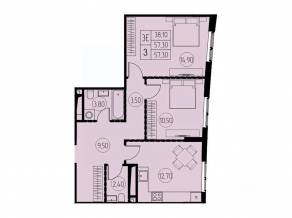 ЖК «7 небо», планировка 3-комнатной квартиры, 57.30 м²