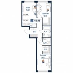 ЖК «Максималист», планировка 2-комнатной квартиры, 60.99 м²