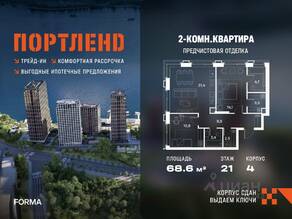 ЖК «ПОРТЛЕНД», планировка 2-комнатной квартиры, 68.60 м²