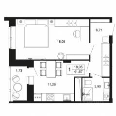ЖК «Времена года», планировка 1-комнатной квартиры, 41.67 м²