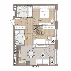 ЖК «Гранд Комфорт», планировка 2-комнатной квартиры, 58.40 м²