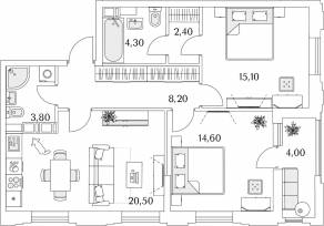 ЖК «Тайм Сквер», планировка 2-комнатной квартиры, 70.90 м²