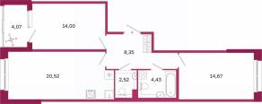 ЖК «Дом на Курской», планировка 2-комнатной квартиры, 66.53 м²