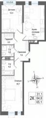 ЖК «Киноквартал», планировка 2-комнатной квартиры, 64.80 м²