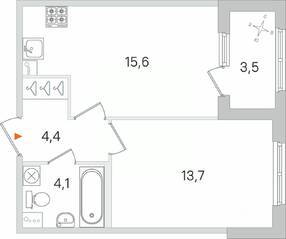 МЖК «Дубровский», планировка 1-комнатной квартиры, 39.55 м²