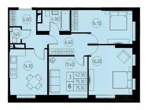 ЖК «31 квартал», планировка 3-комнатной квартиры, 75.30 м²