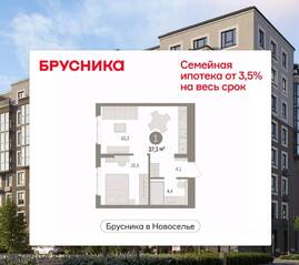 ЖК «Брусника в Новоселье», планировка 1-комнатной квартиры, 37.31 м²
