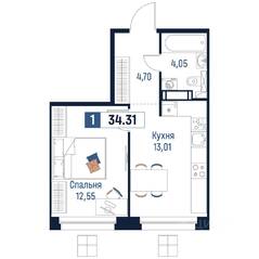 ЖК «Максималист», планировка 1-комнатной квартиры, 34.31 м²
