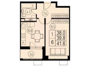 ЖК «River Park», планировка 1-комнатной квартиры, 39.80 м²